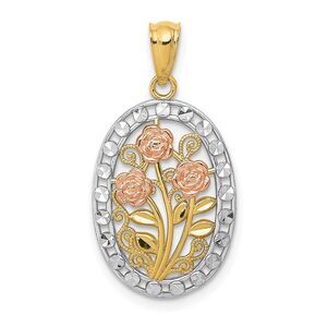14k Yellow & Rose Gold with White Rhodium Oval 3 Rose Pendant, 13mm